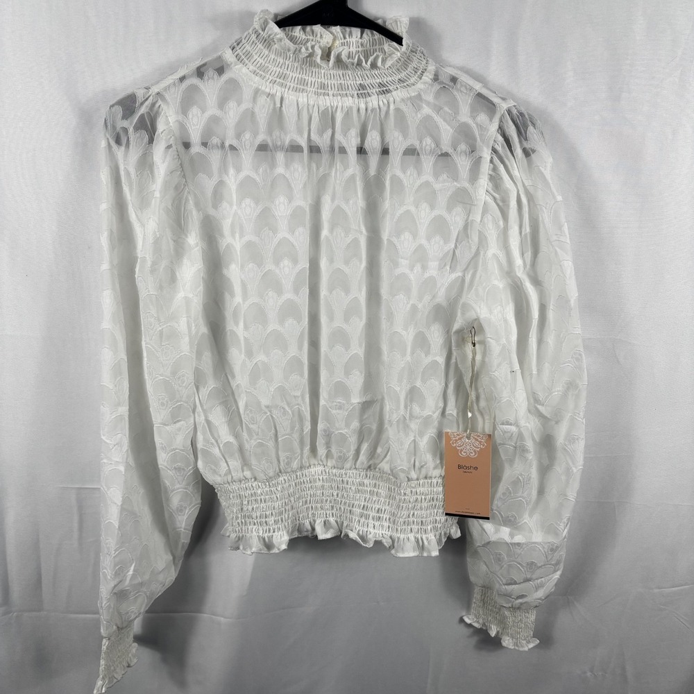 Blashe NWT White Sheer Textured Smocked High Neck Blouson Top